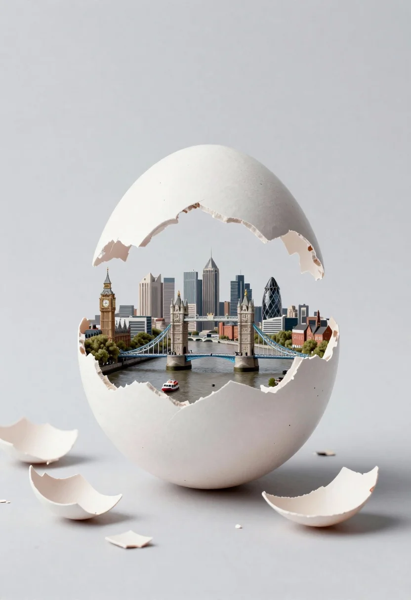 Large Cracked Eggshell Containing Miniature London Cityscape Subject Oversized White reference photo