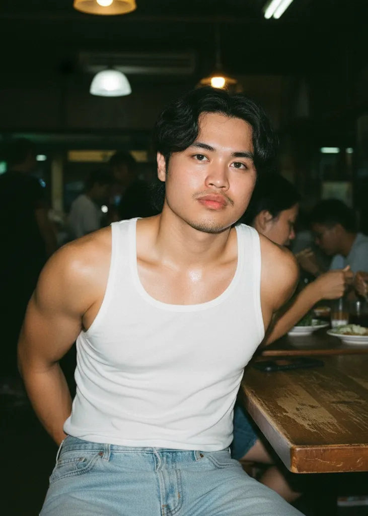 A person slouched at a table in a restaurant, wearing a tank top and loose jeans, with harsh flash lighting showing shiny skin highlights.