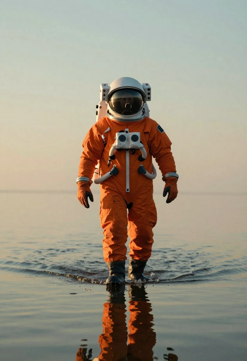 Cinematic Full-body Shot Lone Astronaut Walking Alone Through Calm Water reference photo