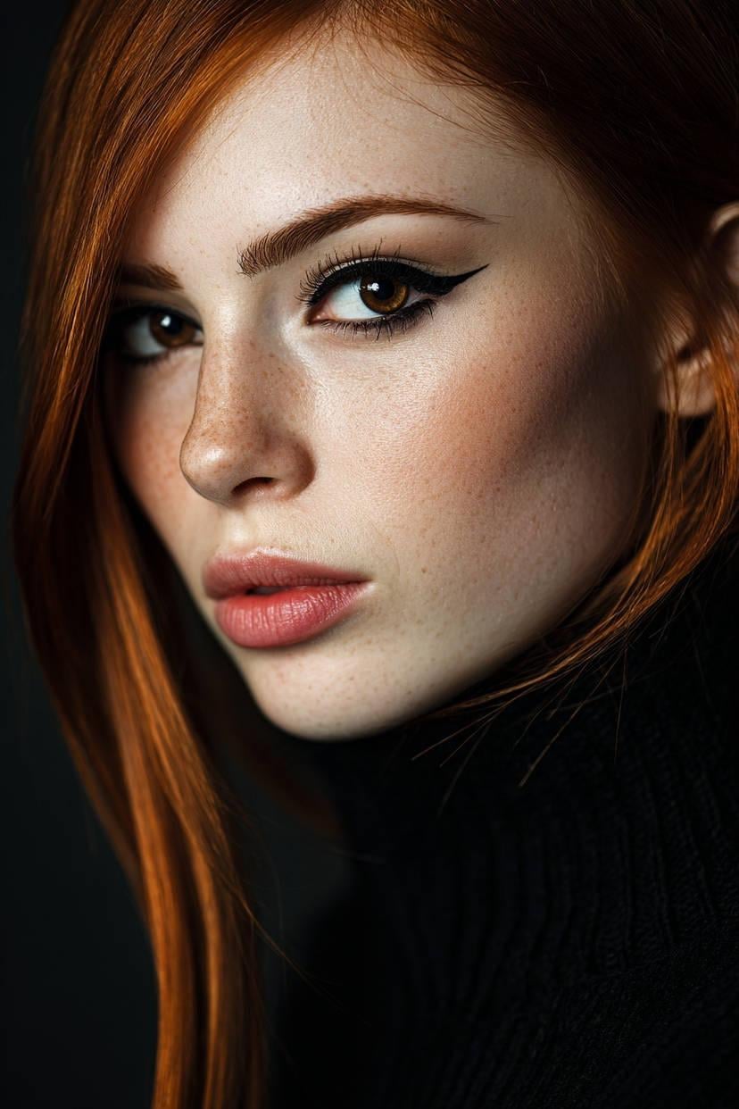 Copper Hair Freckles Black Turtleneck Soft Light