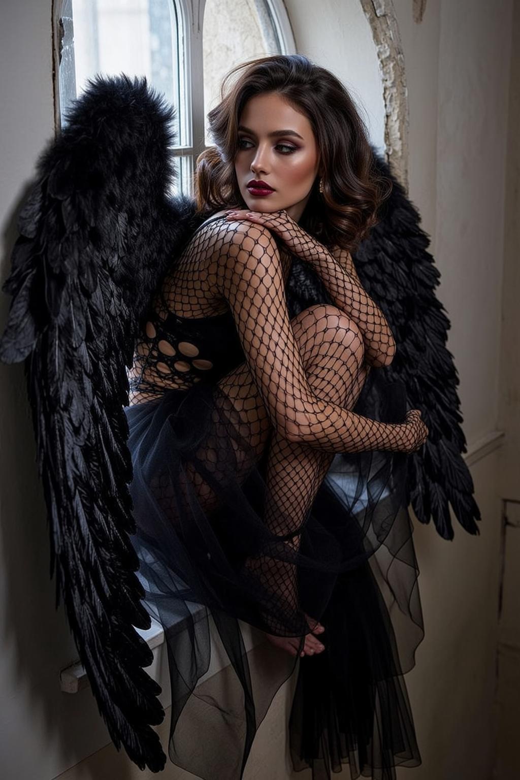 Black Fishnet Windowsill Feather Wings