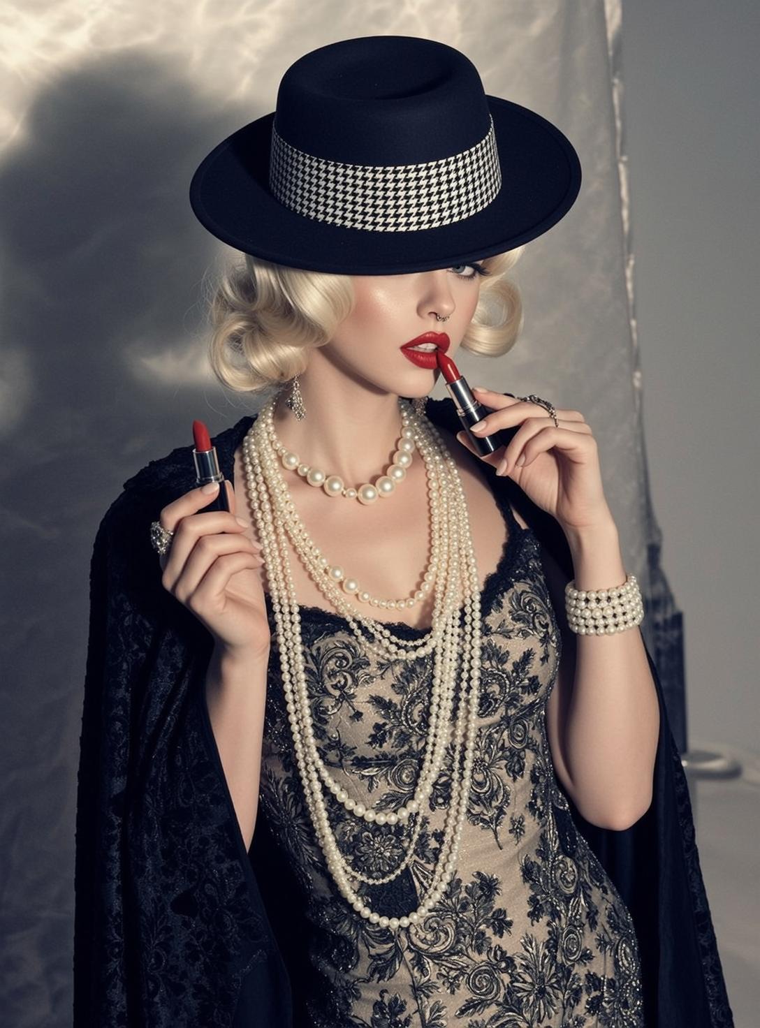 Vintage Glamour Woman Applying Lipstick Studio
