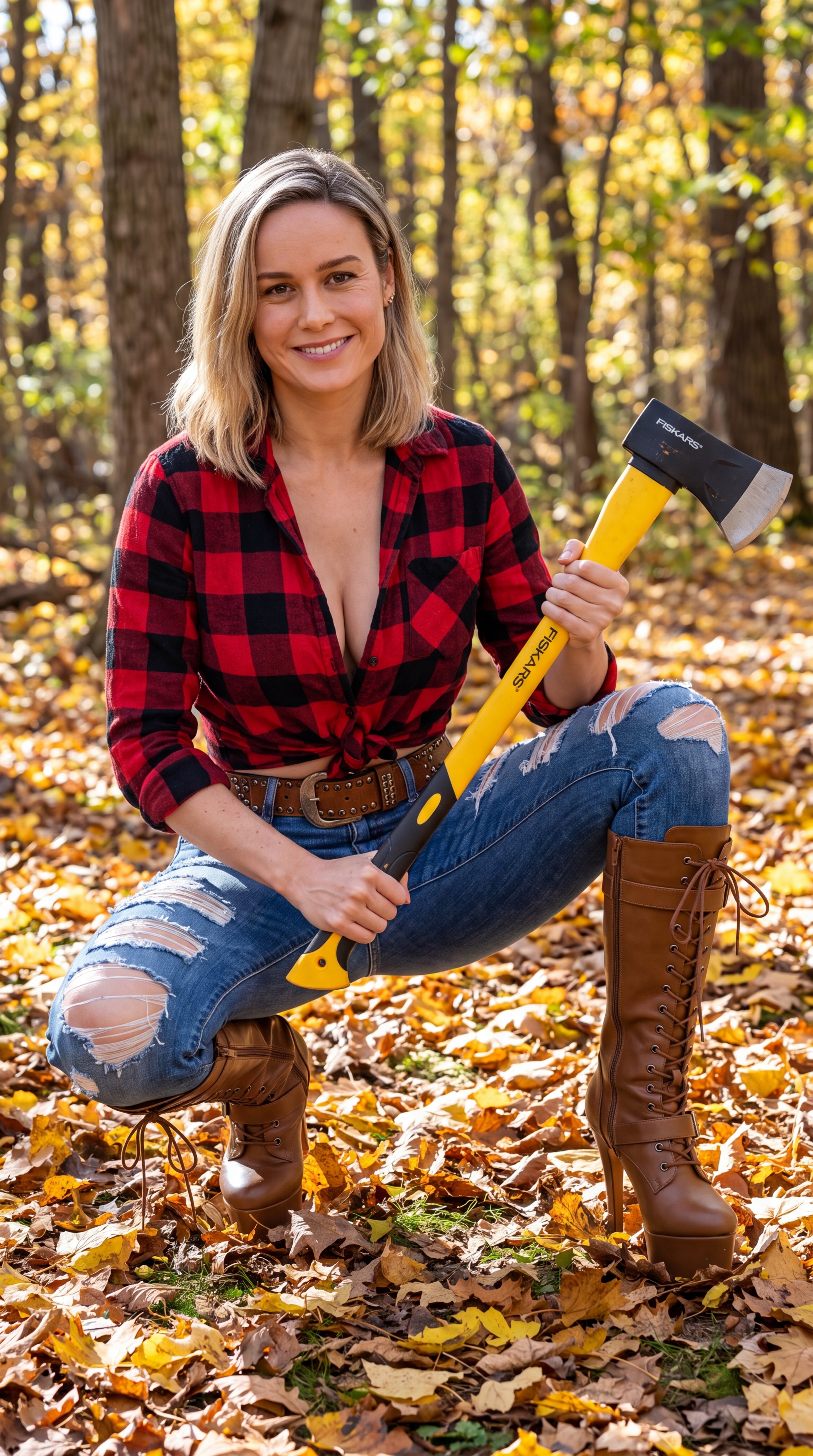 Crouching In Autumn Forest Holding Hatchet