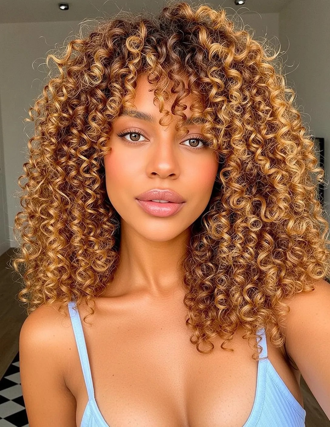 Honey Blonde Curls Sun Kissed Skin Blue Tank