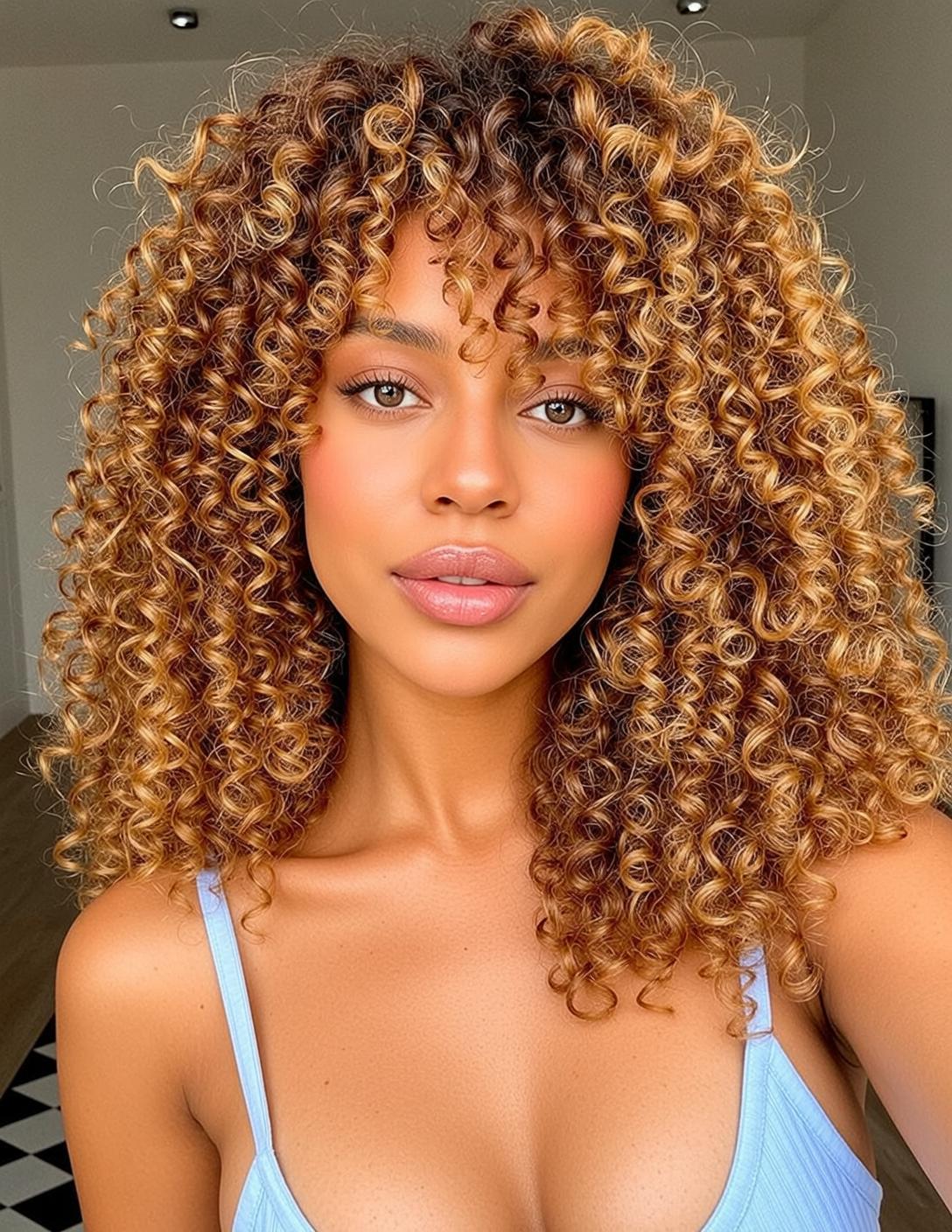 Honey Blonde Curls Sun Kissed Skin Blue Tank
