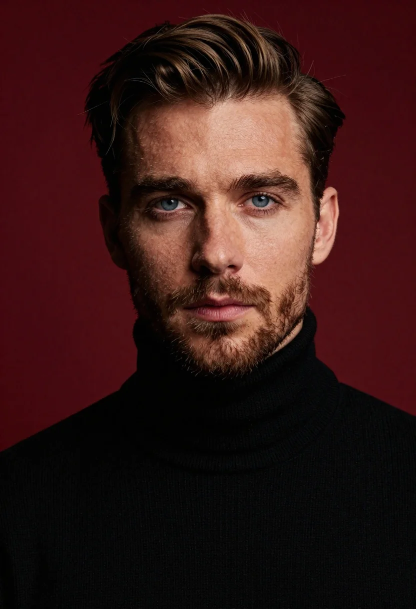 Close-up portrait of a handsome man with short brown hair, dramatic lighting, against a deep red background, high-definition.