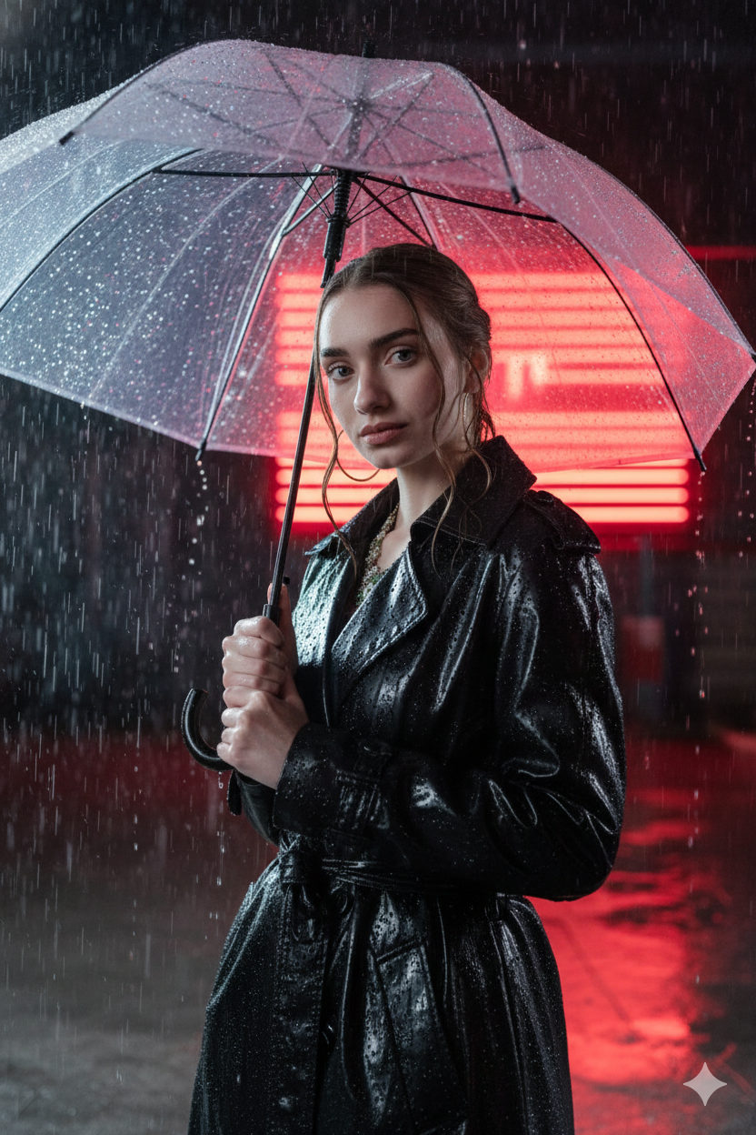 A cinematic close-up portrait of a woman under a transparent umbrella, illuminated at night by neon lights and rain