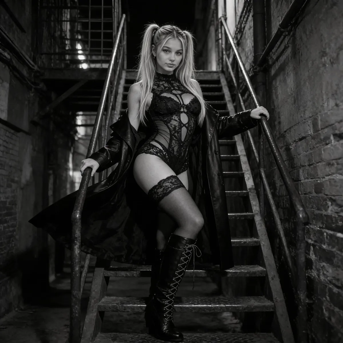 Black Lace Bodysuit Leather Trench Coat Industrial Alleyway