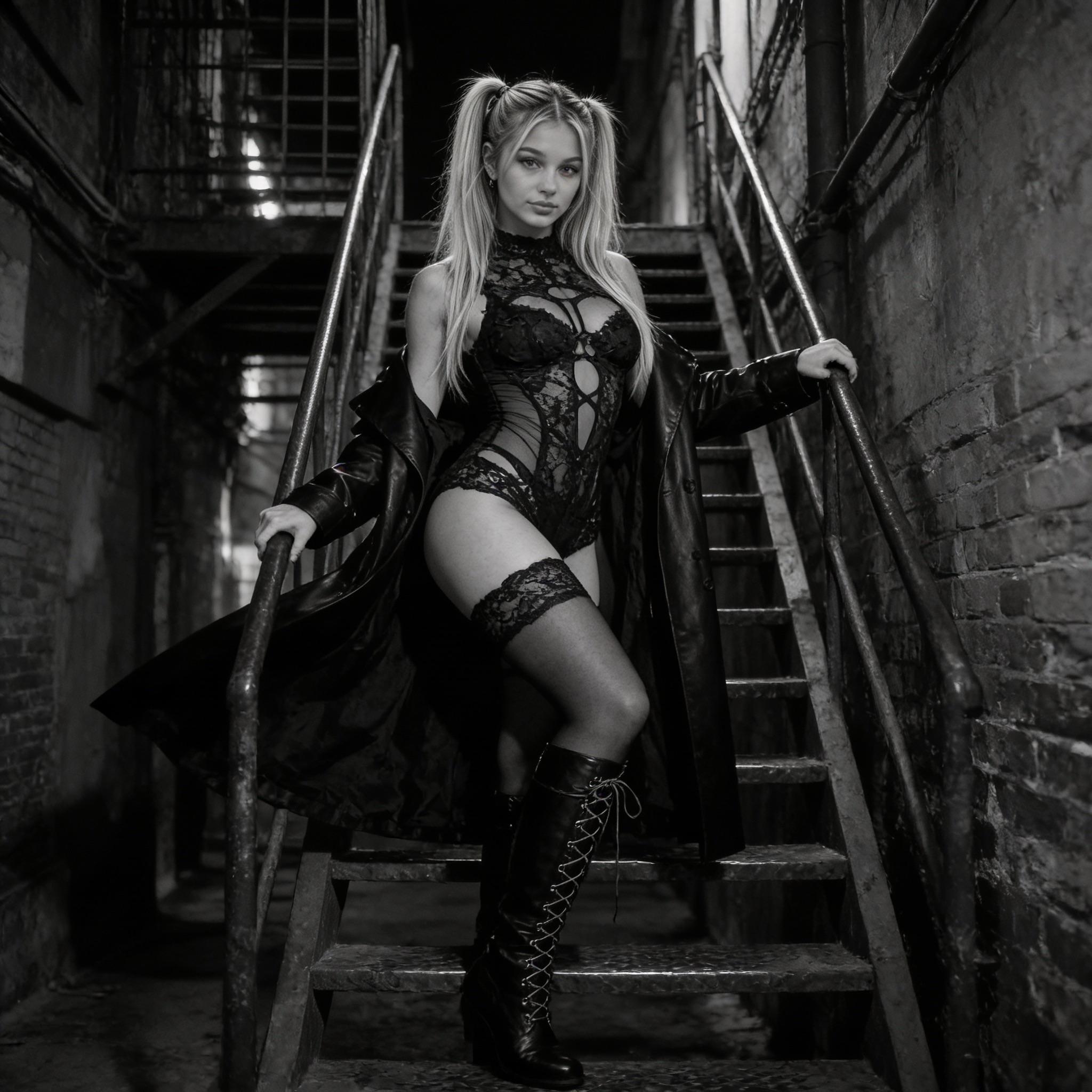 Black Lace Bodysuit Leather Trench Coat Industrial Alleyway