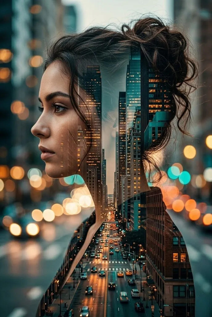 Cinematic Double Exposure City Portrait Warm Tones