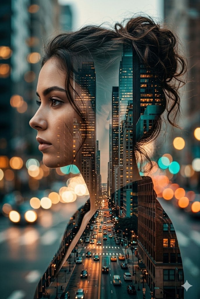 Cinematic Double Exposure City Portrait Warm Tones