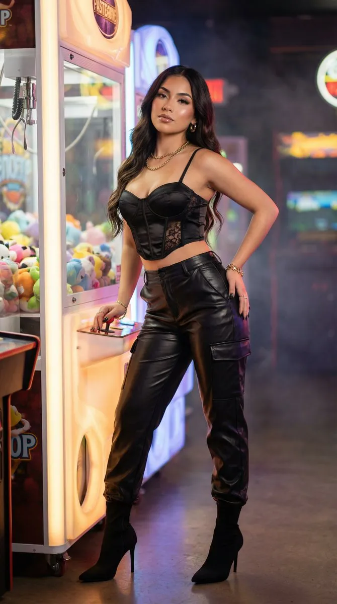 Black Corset Arcade Claw Machine Confident Pose