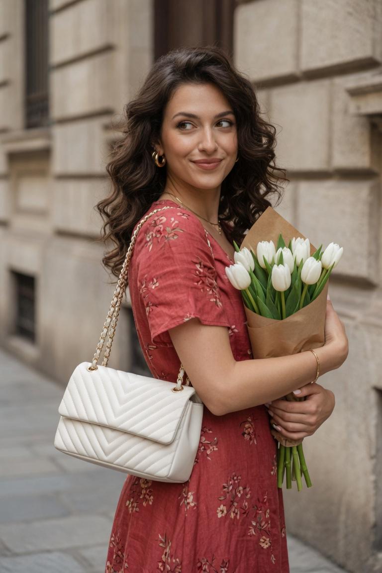 Red Floral Dress Holding Tulips On City Street