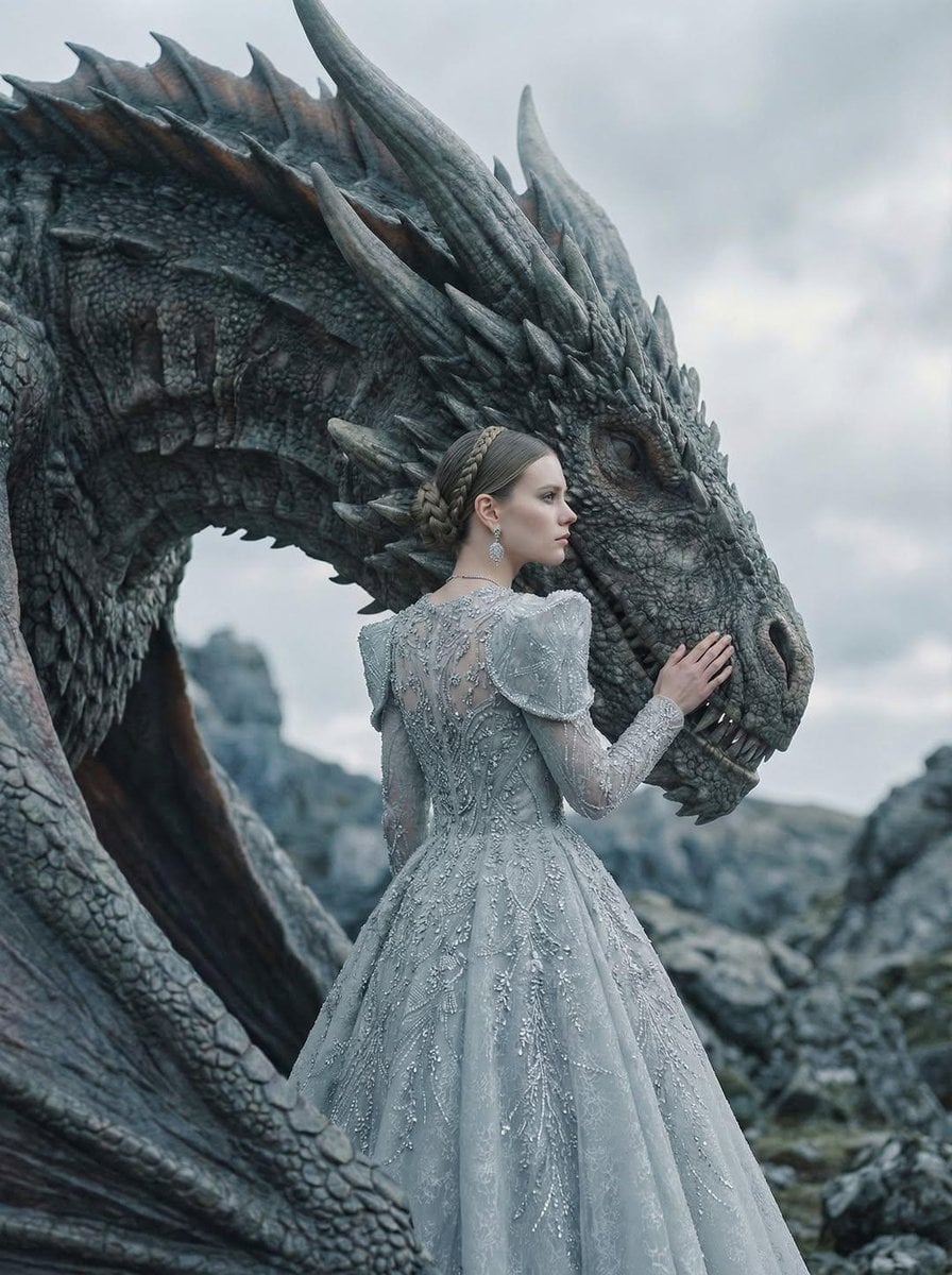 Woman in an ice-gray couture gown stands beside a majestic dragon, her forehead gently touching its scaled head under soft natural light.
