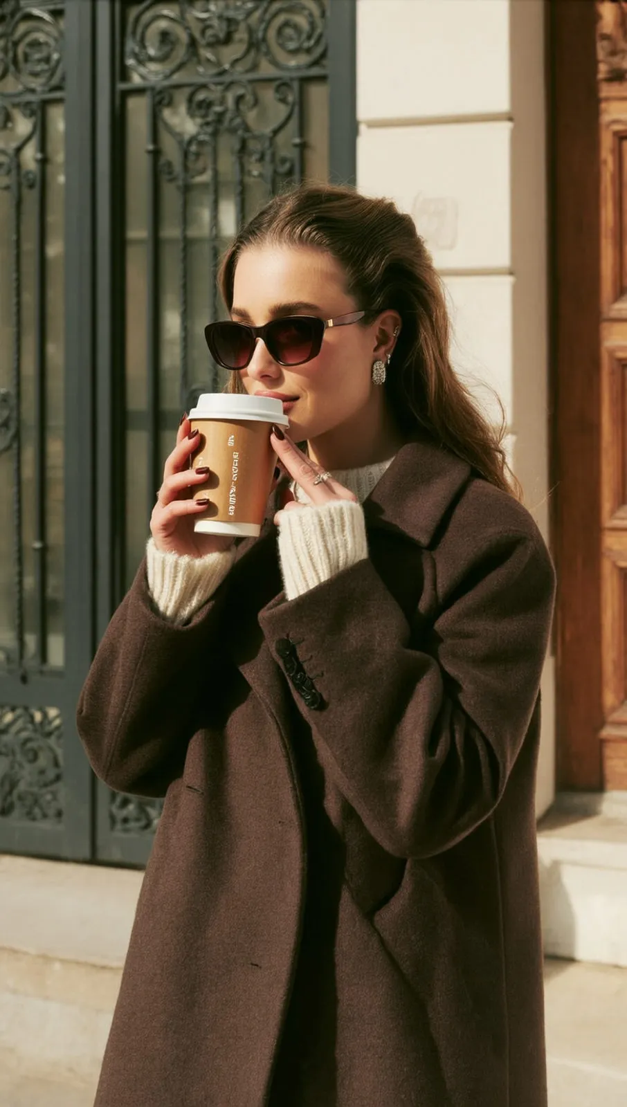 Sunglasses Earrings Rings And Manicure With Brown Wool Coat