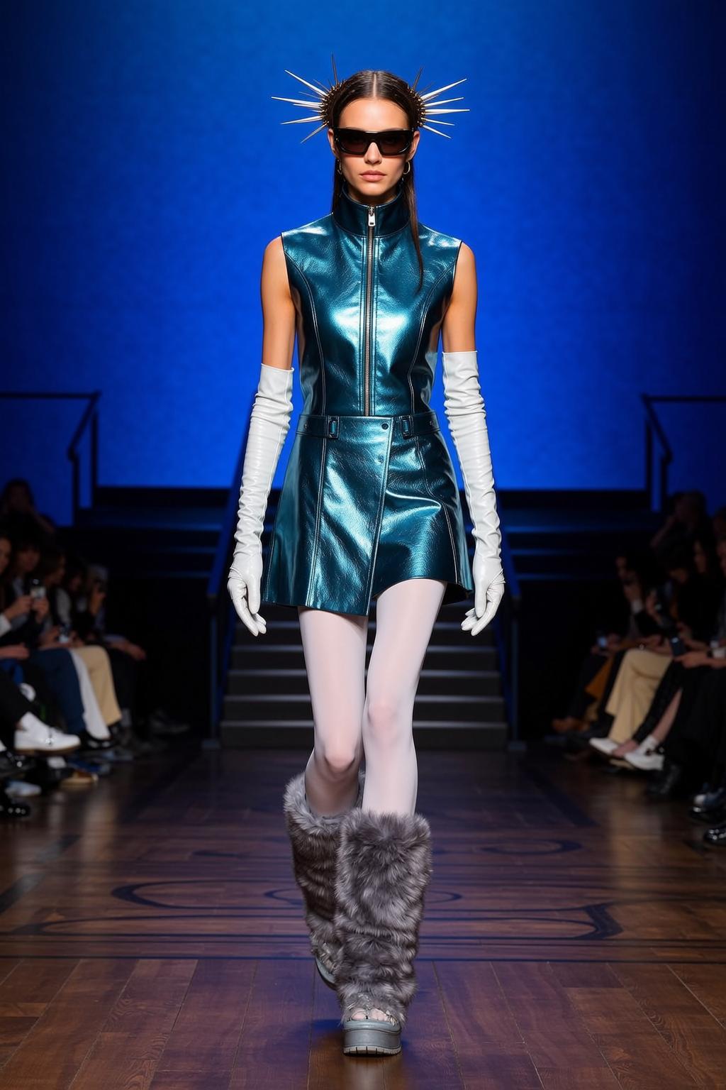 White Opera Gloves Sleeveless Metallic Teal Fashion Runway Polished Wooden