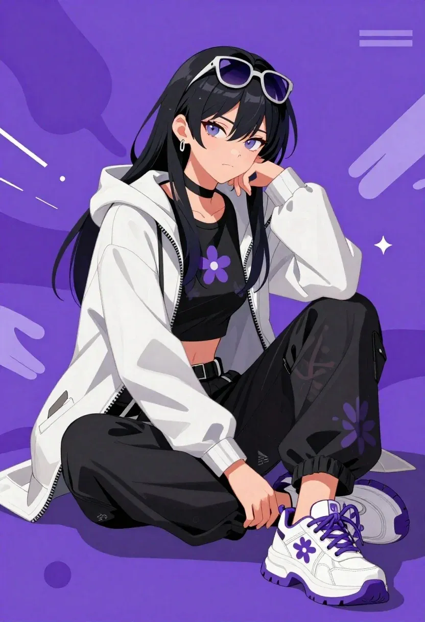 Confident Anime-style Woman With Long Dark Hair And Sunglasses Perched
