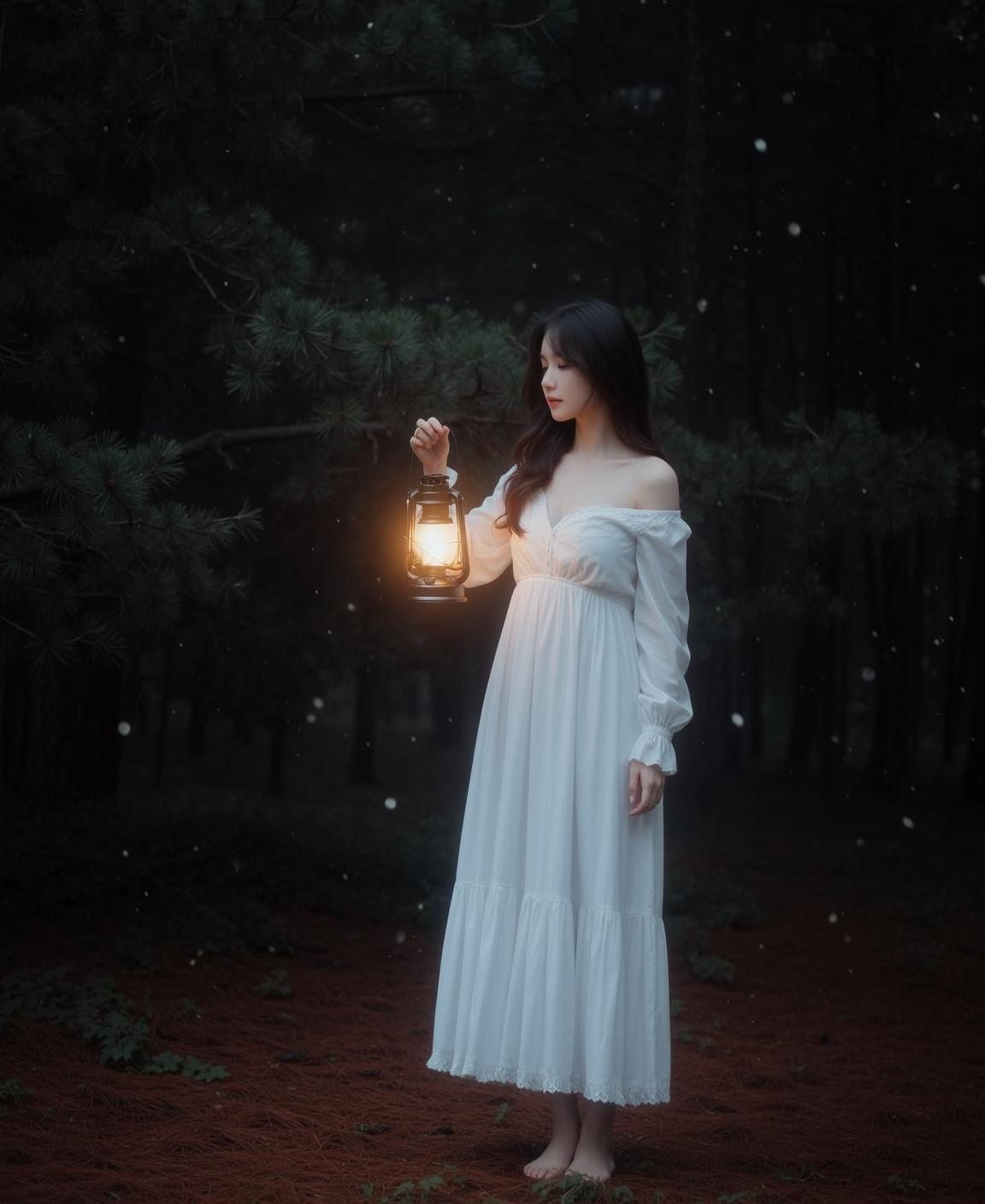 White Dress Lantern Snow Forest