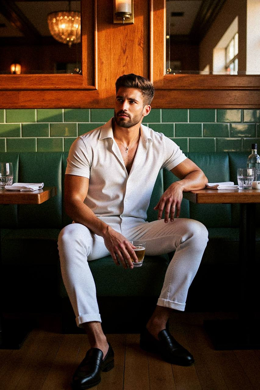 A gentleman in a modern restaurant booth, bathed in warm golden hour light, wearing an elegant shirt and crisp trousers.