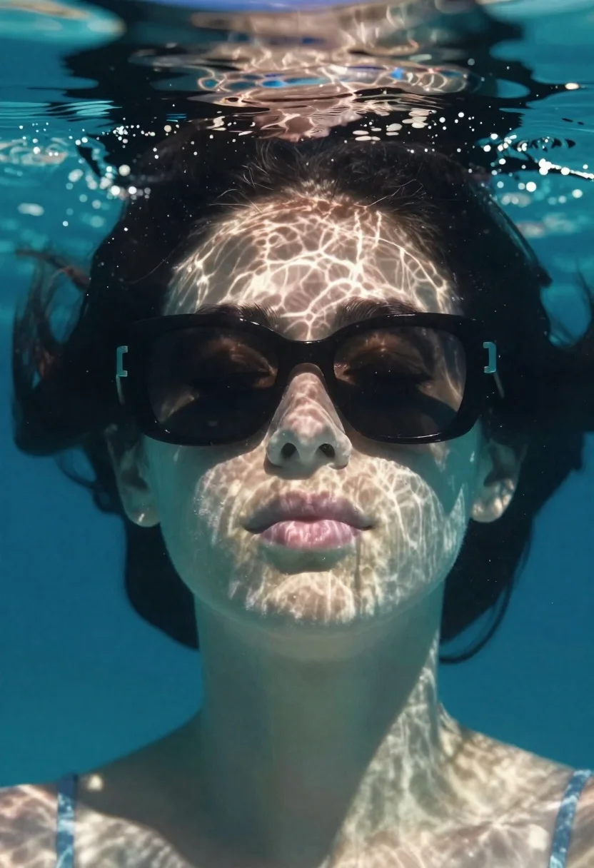 Close-up Underwater Portrait Woman With Her Face Just Below The reference photo