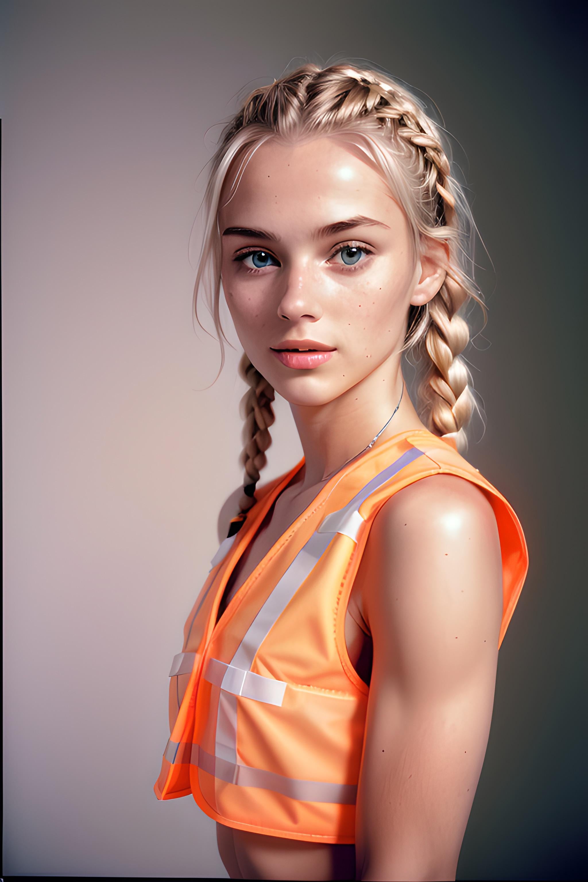 Orange Safety Vest Studio Portrait Braided Hair