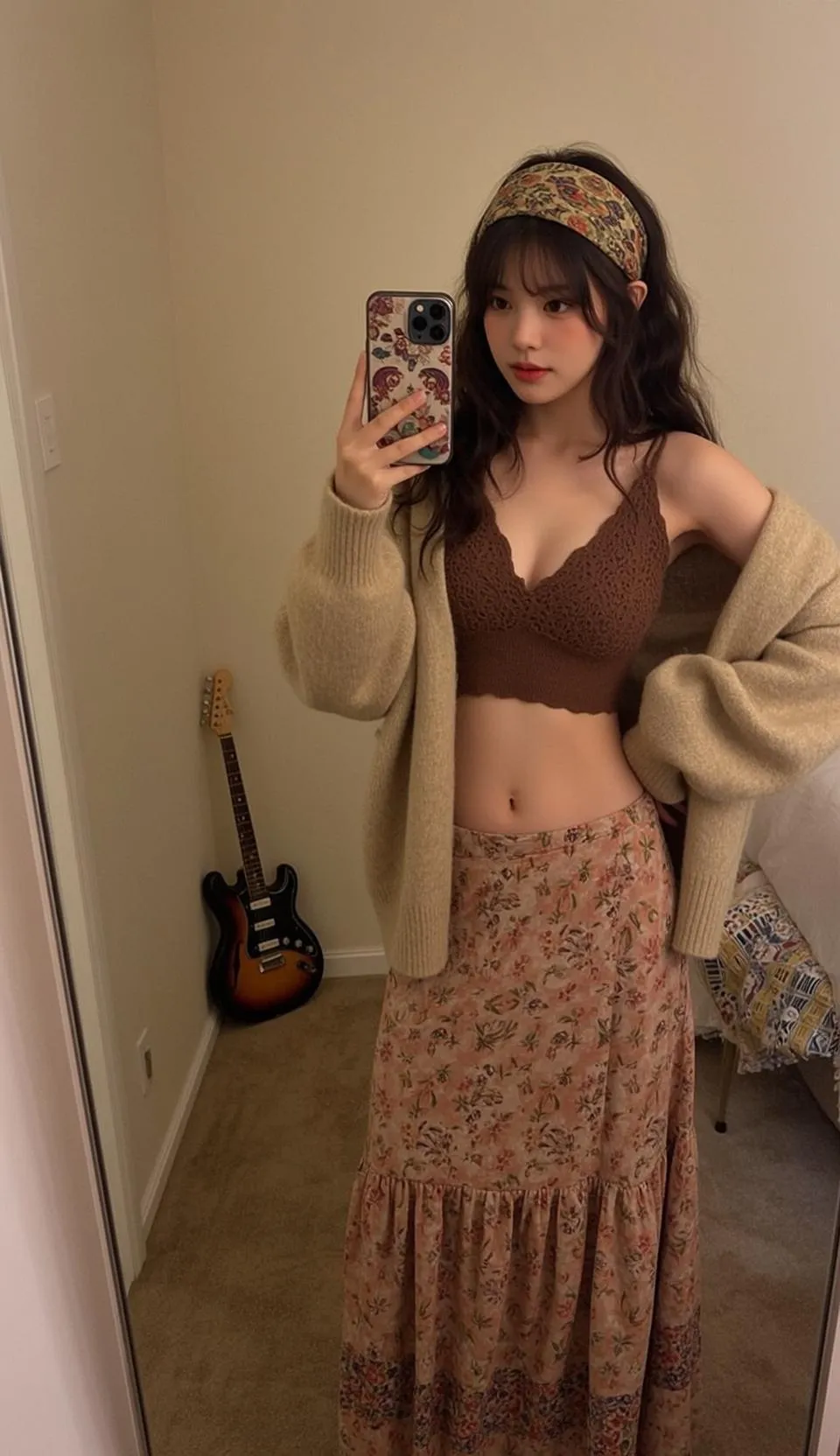 Bedroom Mirror Selfie Floral Skirt Brown Bralette