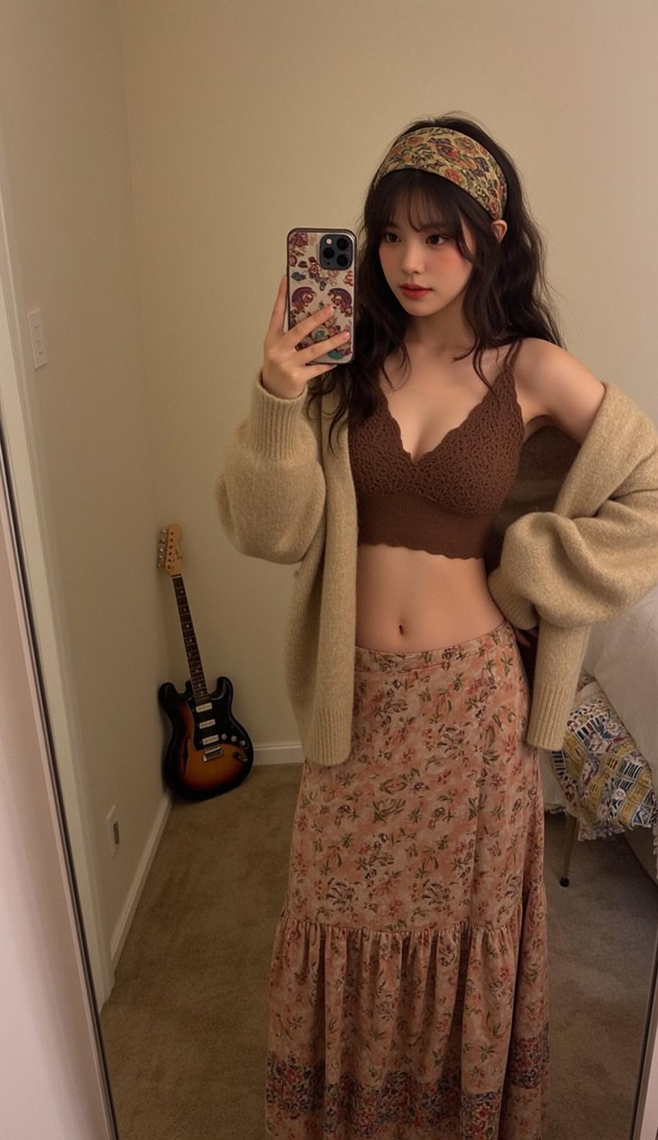 Bedroom Mirror Selfie Floral Skirt Brown Bralette