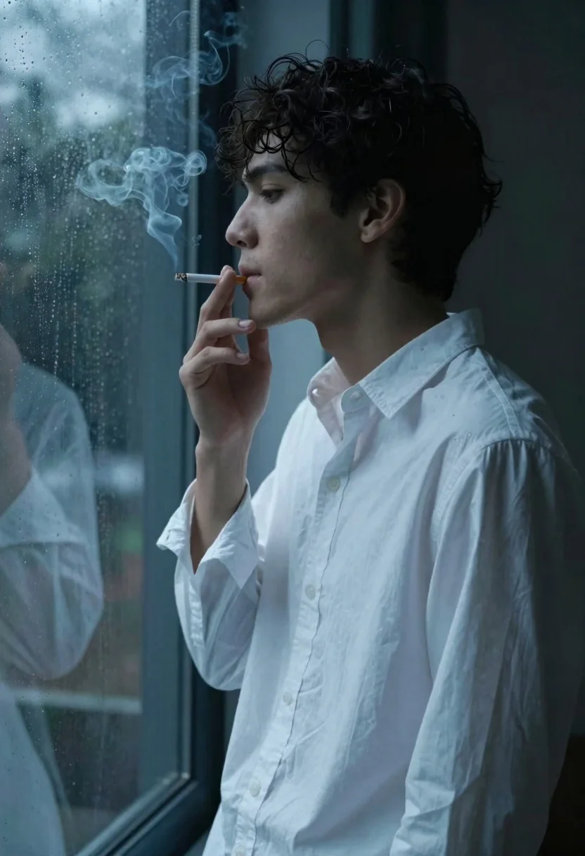 Young Man With Dark Curly Hair Stands Profile Looking Out