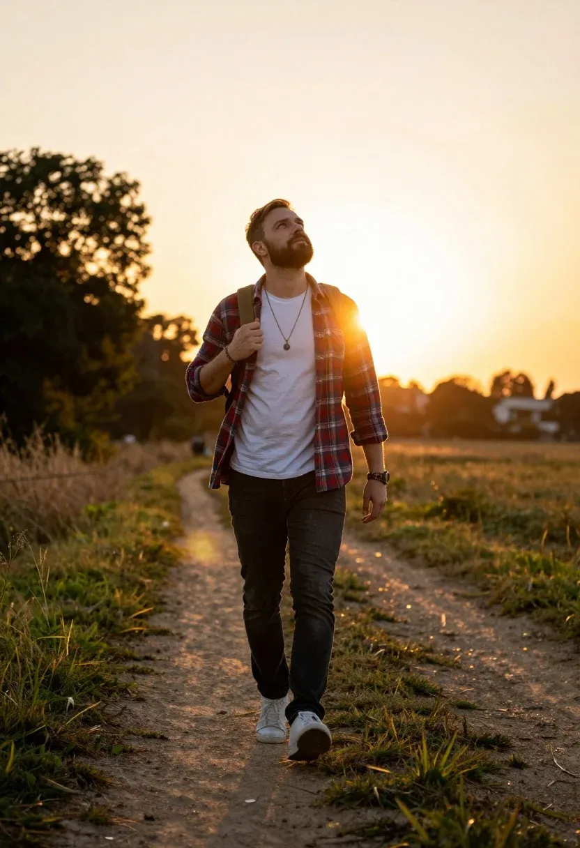 Man Walks Along Dirt Path Through Grassy Field During Golden