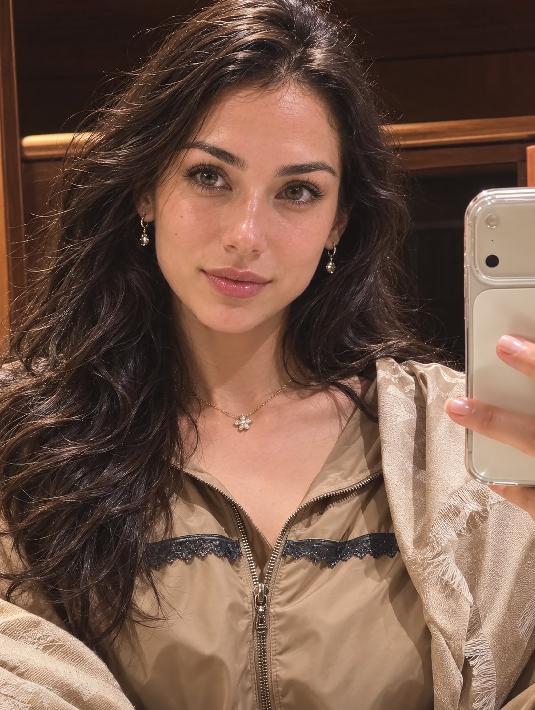 Mirror Selfie In With Long Voluminous Dark Wavy Cascading