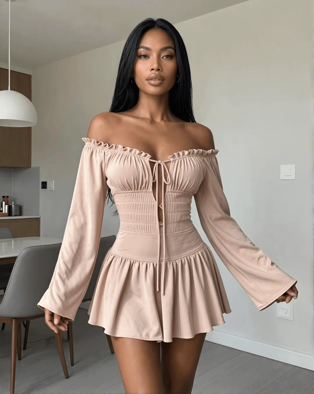 Beige Off Shoulder Dress Modern Kitchen