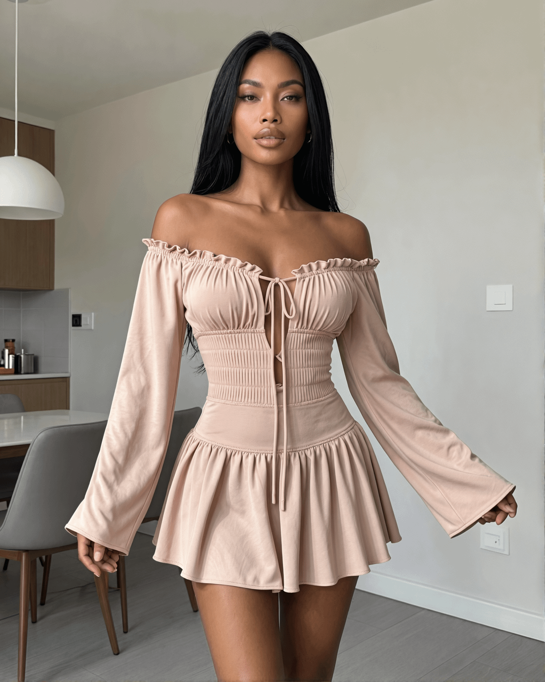 Beige Off Shoulder Dress Modern Kitchen