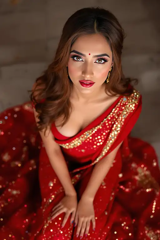 A stunning portrait of a 20-year-old Indian lady wearing a red sequin saree, kneeling and looking lovingly at the viewer with blue piercing eyes.