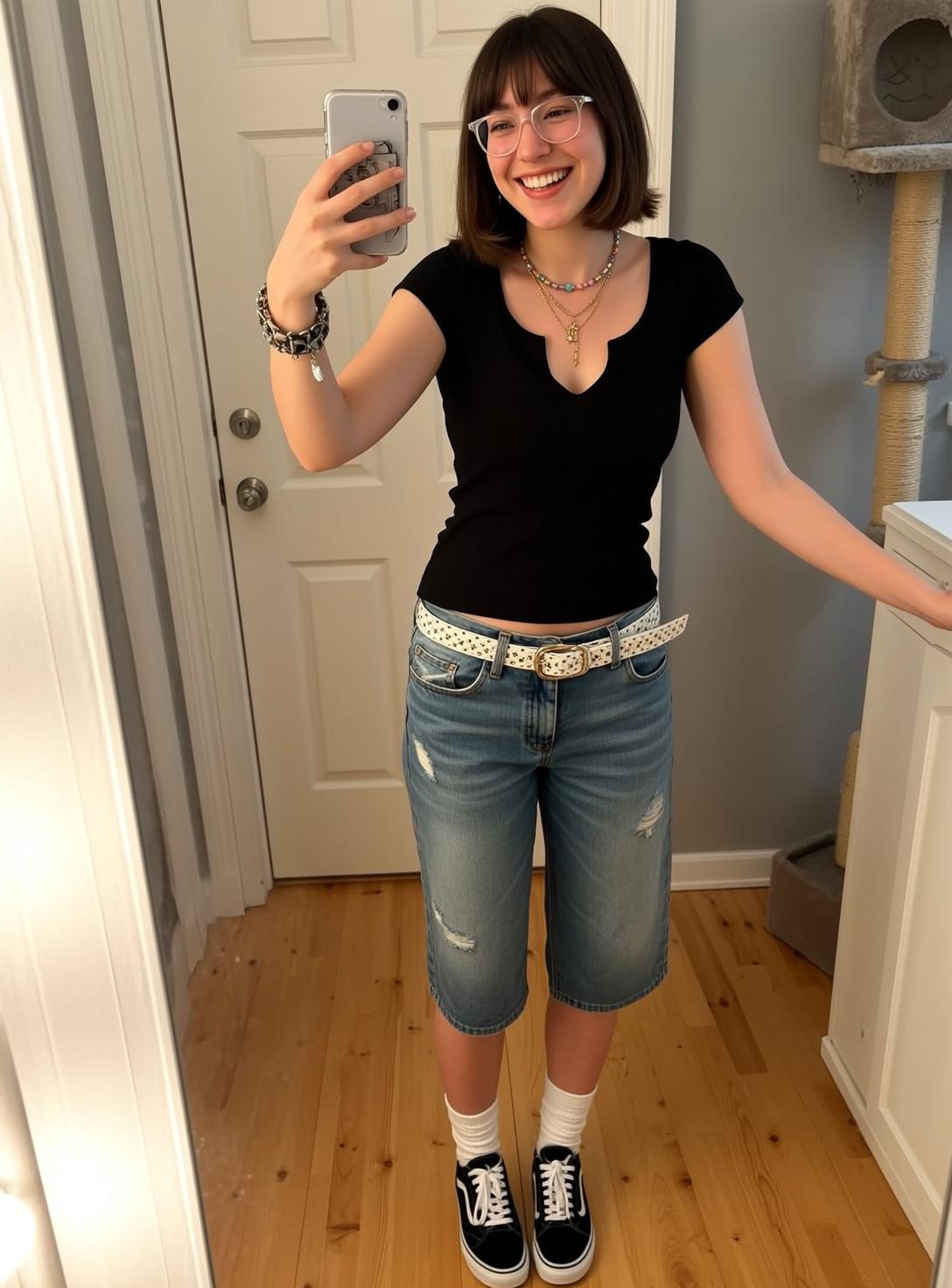 Black V Neck Tee and Denim Capris