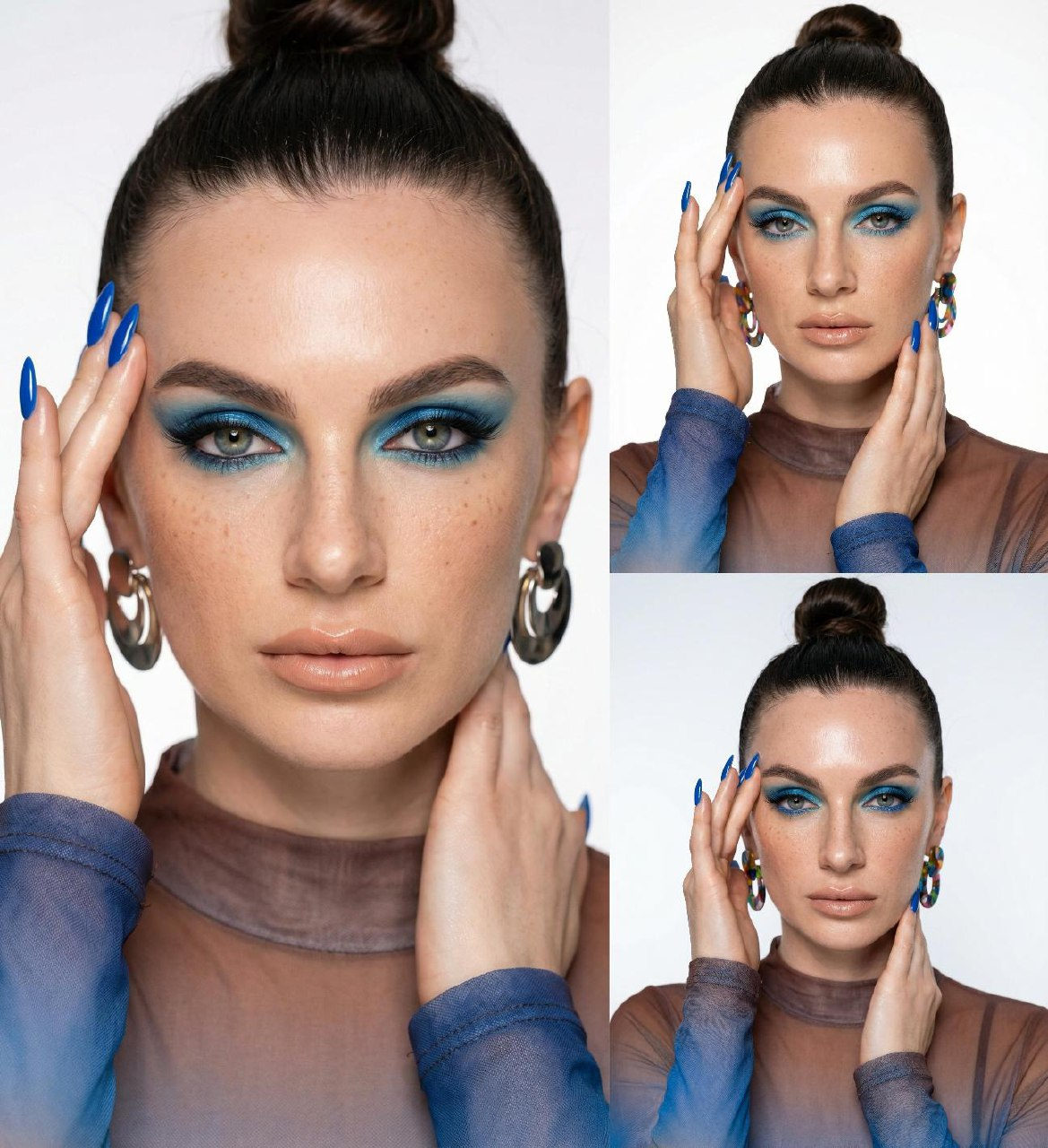 Close-up portrait of a woman in a studio, showcasing her vibrant makeup and elegant pose.