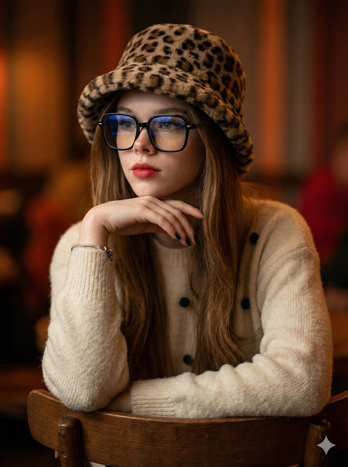 A pensive woman in a fluffy faux-fur leopard-print bucket hat, wearing a cream fuzzy sweater, seated casually on a wooden chair with soft warm lighting.