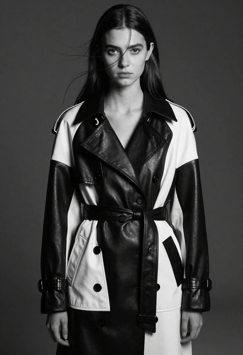 Striking black and white portrait of a woman with long dark hair in a leather coat, softly illuminated with highlights.
