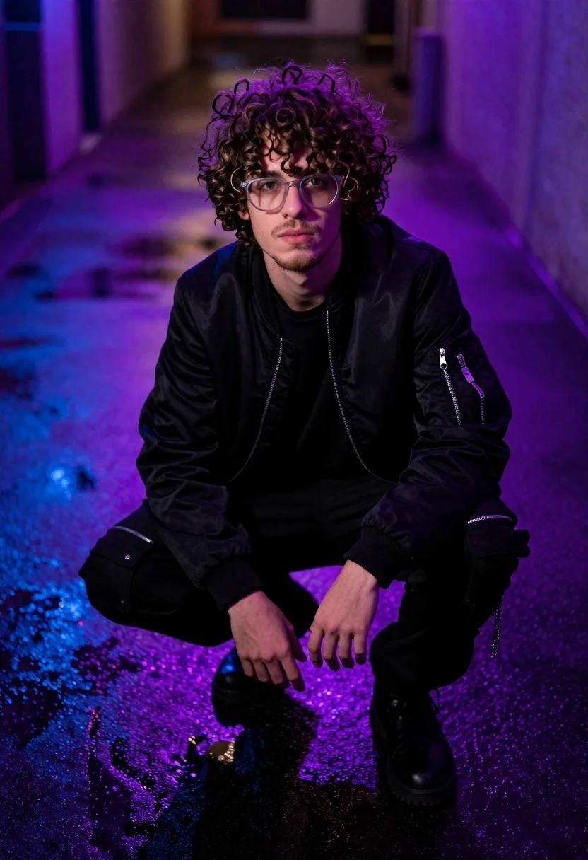 A young man with curly hair and glasses crouching in a low-angle pose on a wet surface, illuminated by purple and blue neon lights.