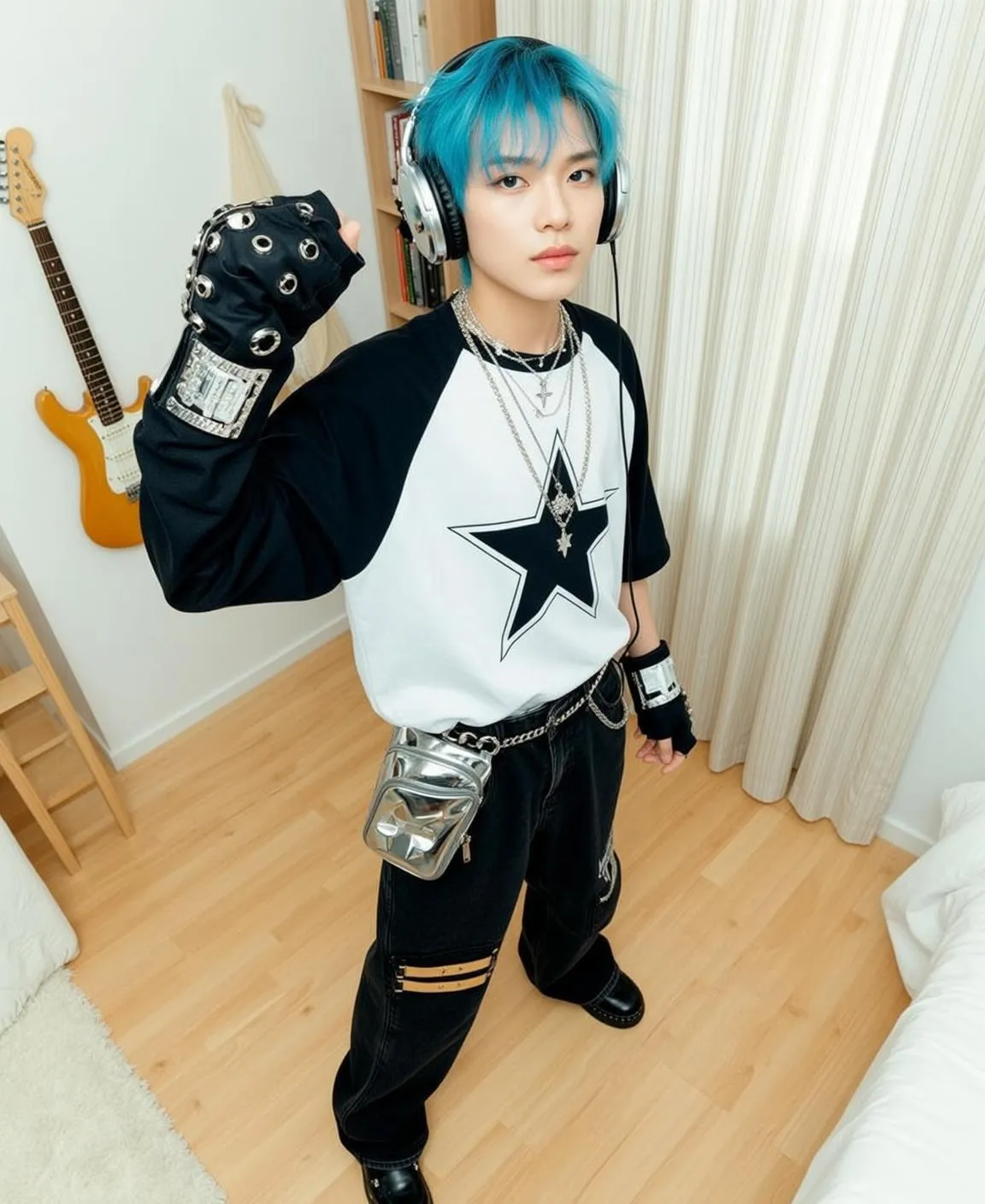 Black Fingerless Gloves White Raglan T