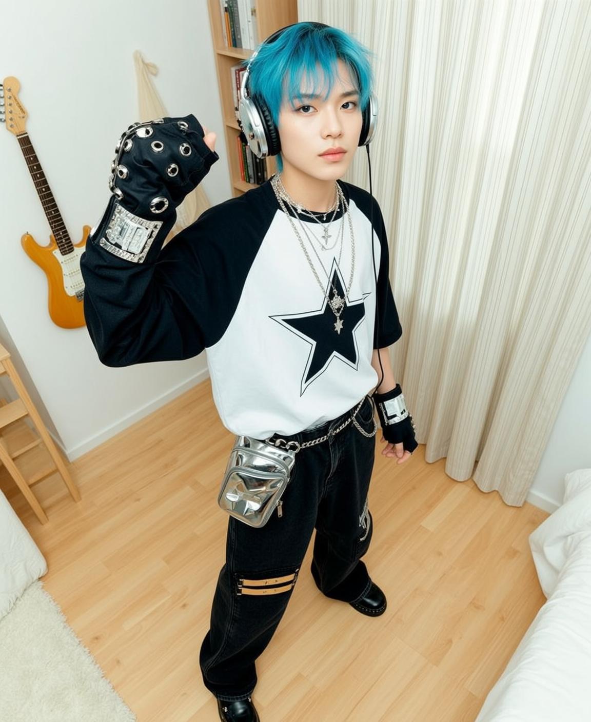 Black Fingerless Gloves White Raglan T