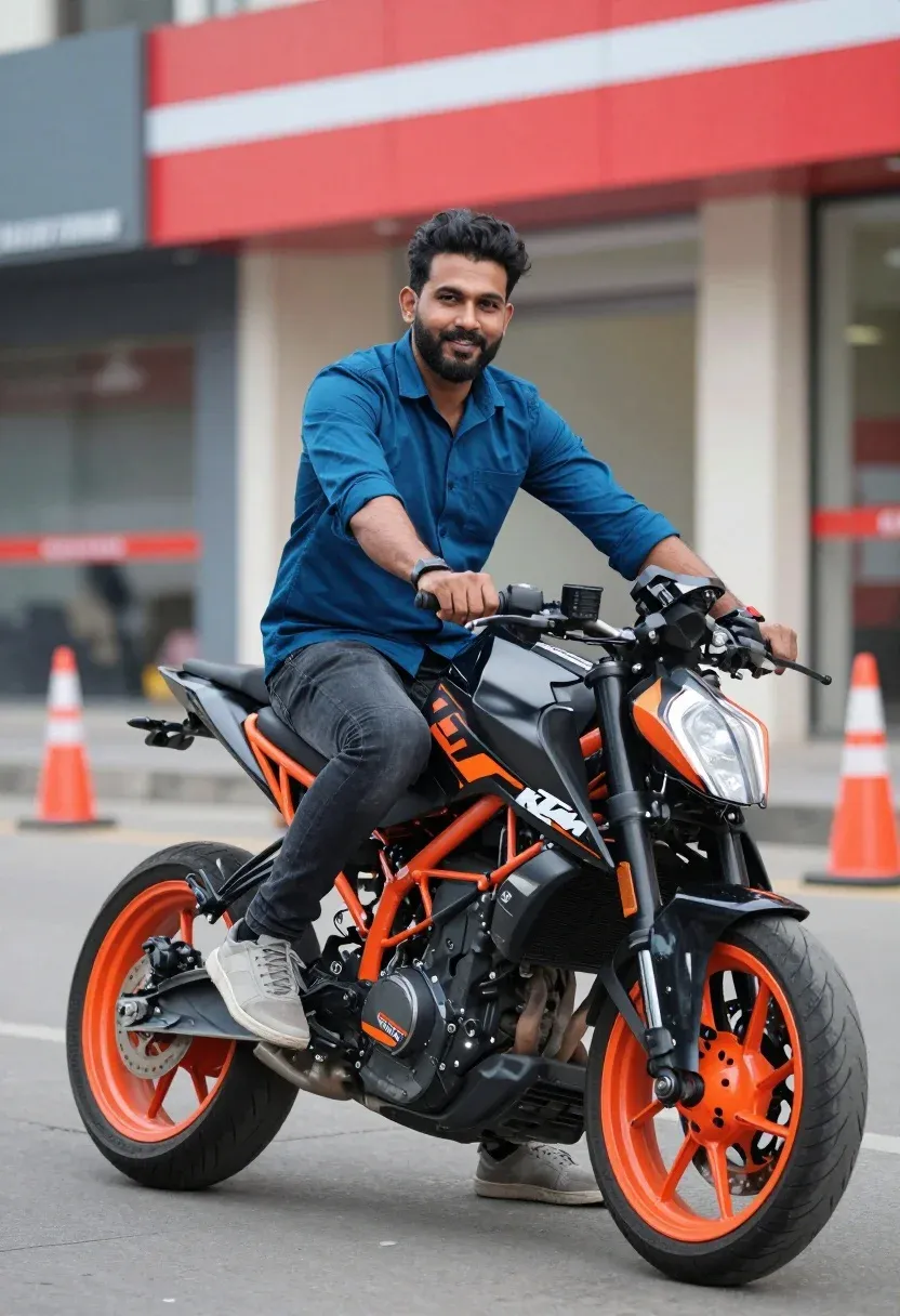 Man Sits Confidently Black And Orange Sport Motorcycle Urban Setting