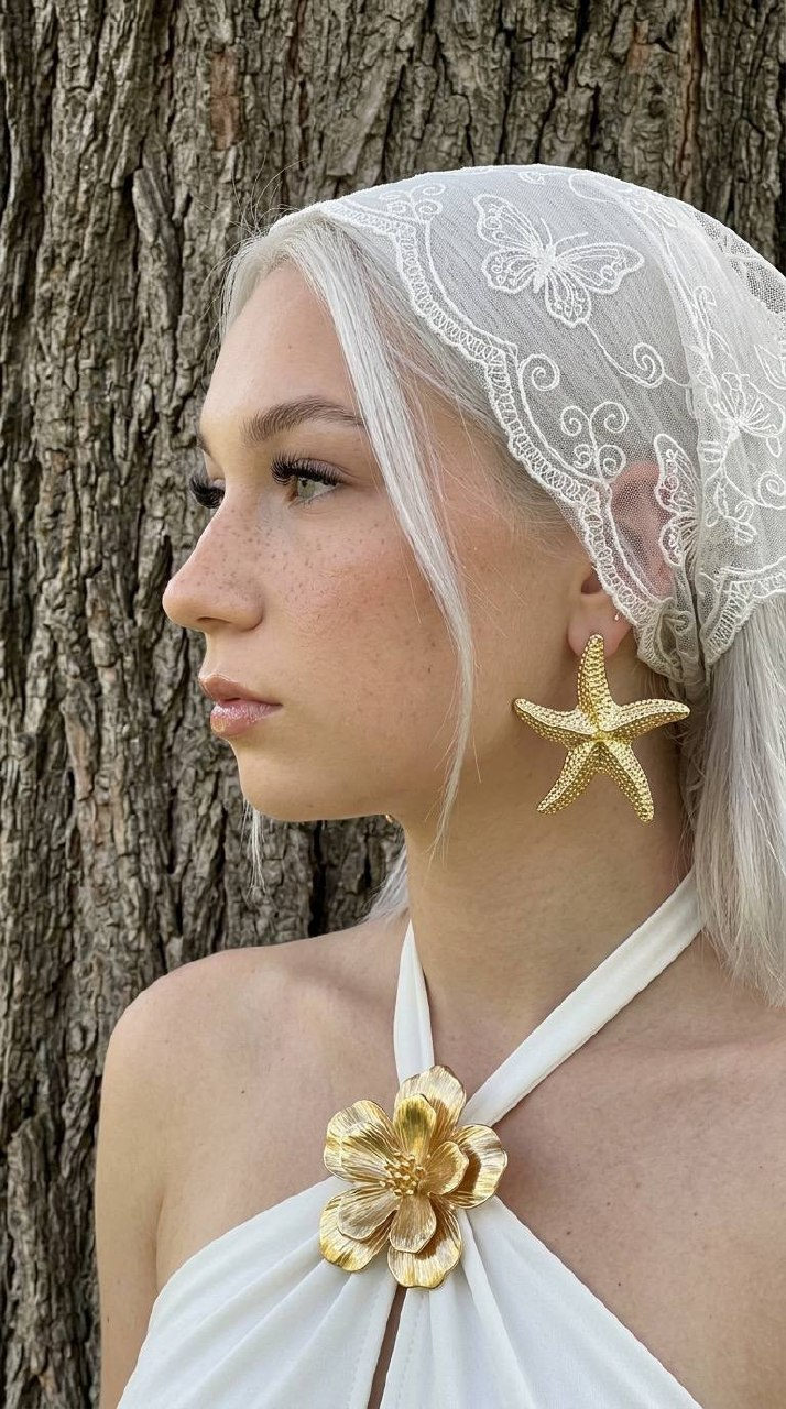 Girl With Lace Headscarf And Gold Starfish Earring By Tree