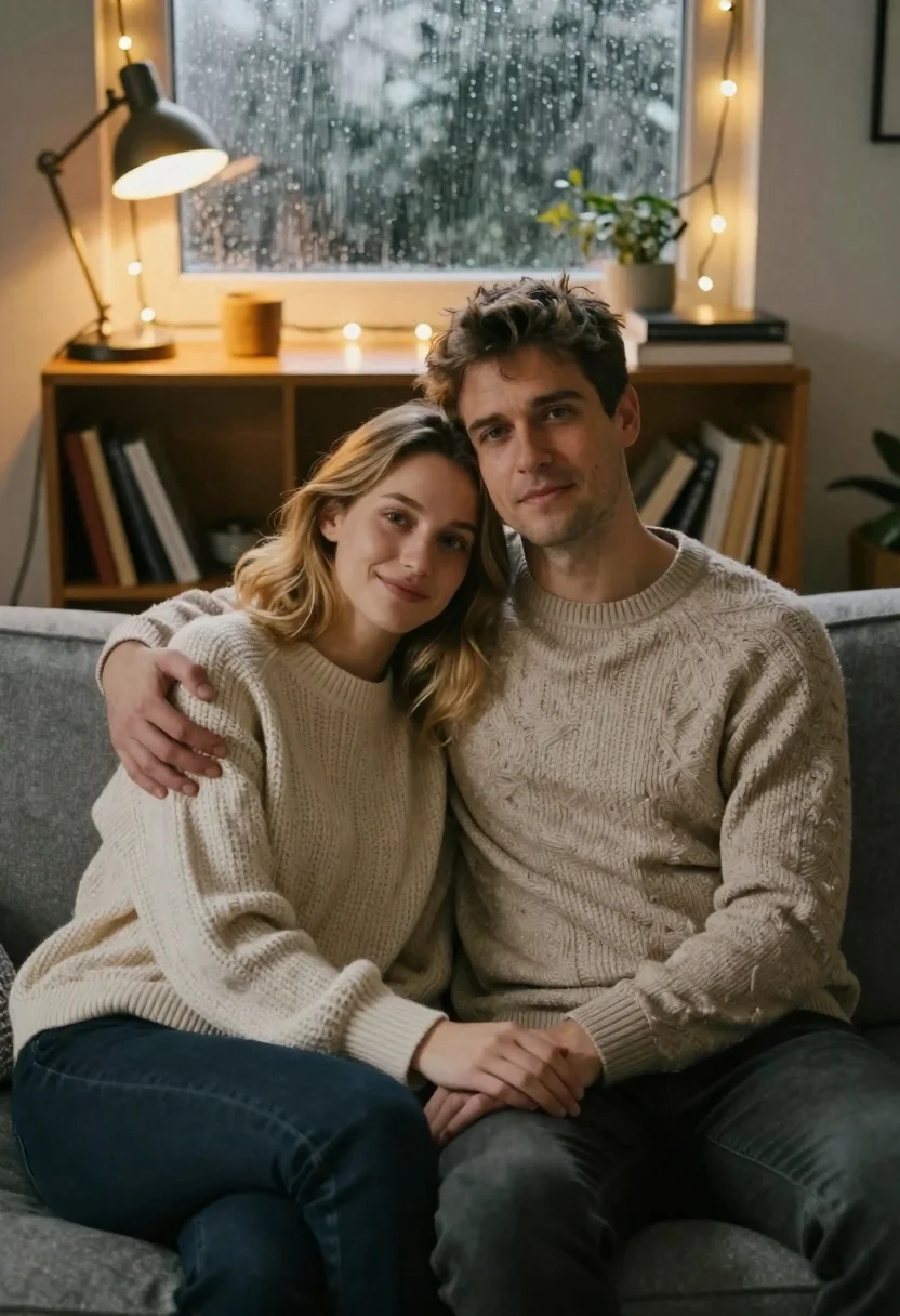 Cozy Indoor Portrait Couple Sitting Closely Together Gray Couch With reference photo