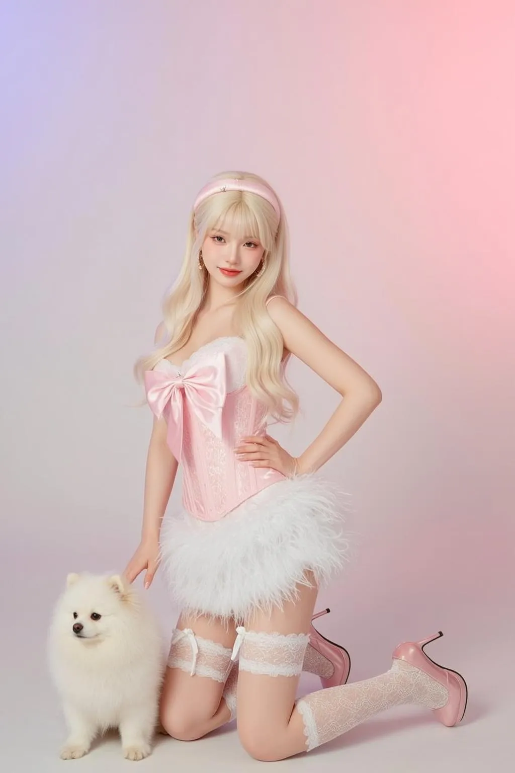 Barbiecore Kneeling Her Right Knee Left Leg