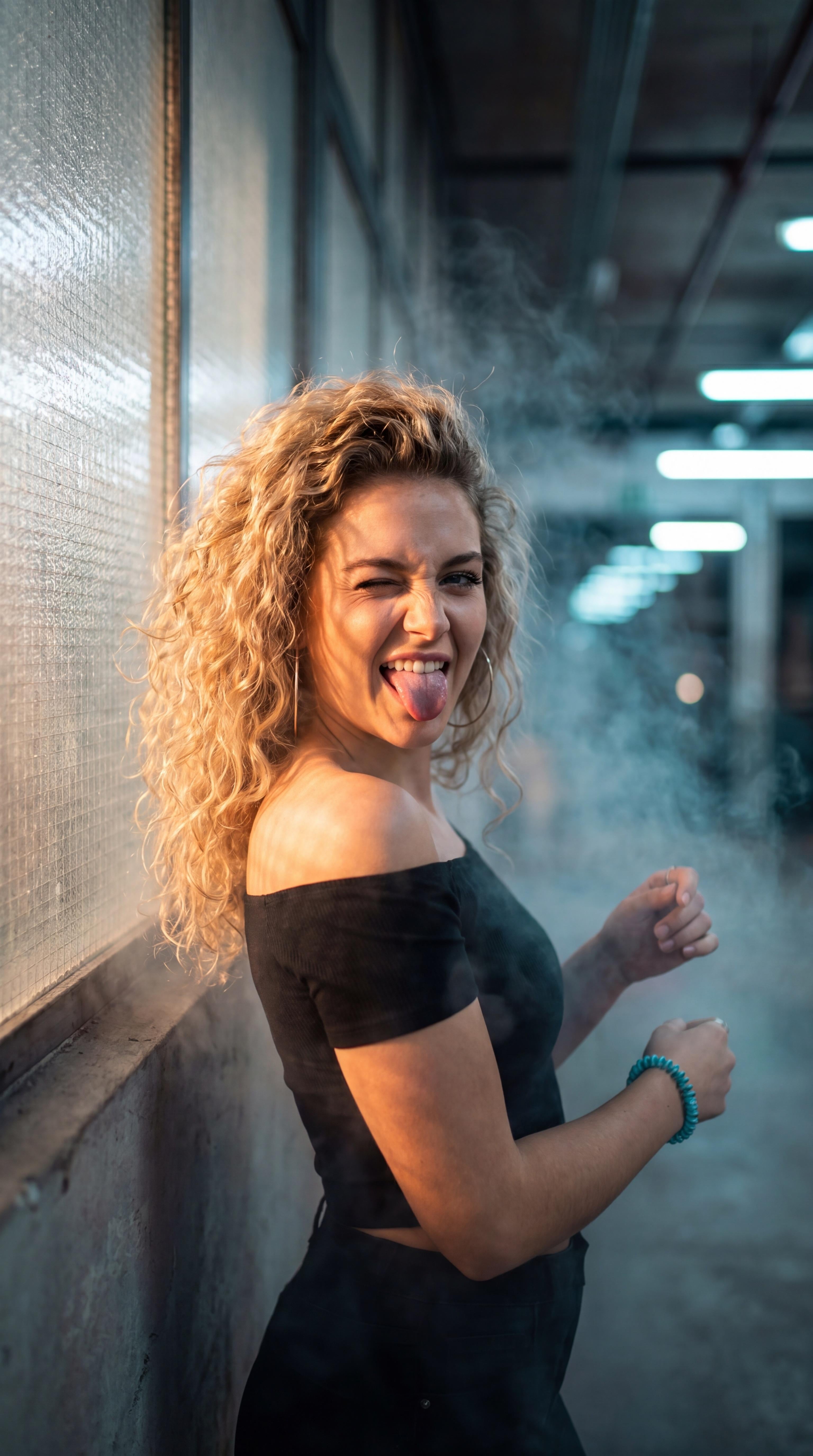Industrial Corridor Golden Hour Wink Playful Tongue Out
