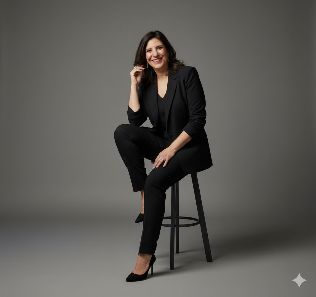 Retrato de uma mulher de negócios em estúdio, vestindo blazer preto e calça de alfaiataria, com pose confiante e fundo neutro.