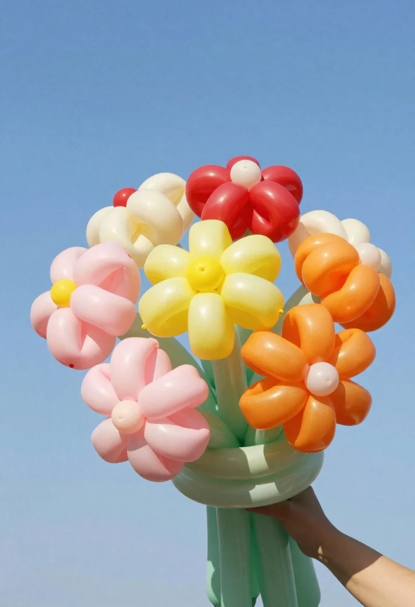 Subject Hand Holding Bouquet Balloon Flowers Crafted From Twisted Latex reference photo