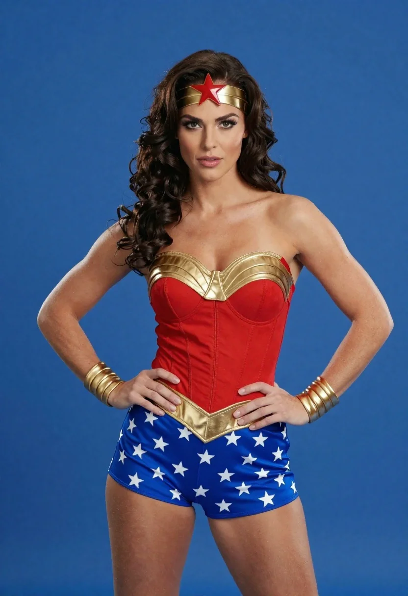Confident Woman Superhero Costume Posing Against Solid Blue Background Subject reference photo