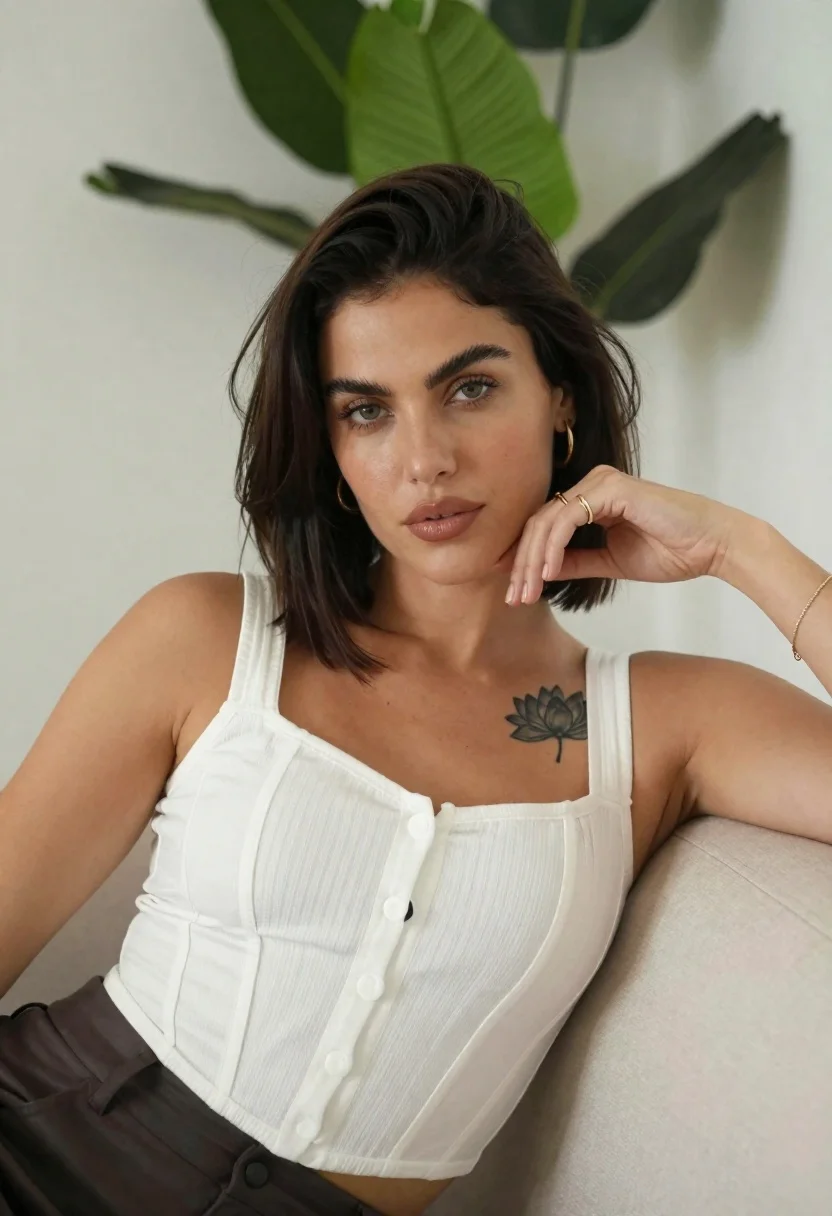 Woman With Dark Shoulder-length Hair And Confident Expression Sits Beige reference photo