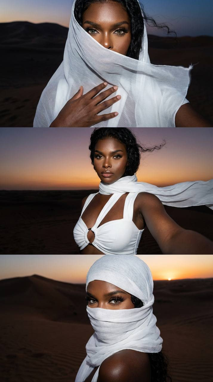 Extreme close-up selfie of a woman in white outfit with scarf, eyes directly into the camera, desert dunes behind.